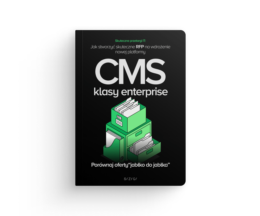 Okładka e-booka ‘RFP na CMS klasy enterprise’ od SYZYGY. Ilustracja zielonej szafki na dokumenty symbolizującej organizację treści i zarządzanie danymi. Hasło: ‘Porównaj oferty jabłko do jabłka’.