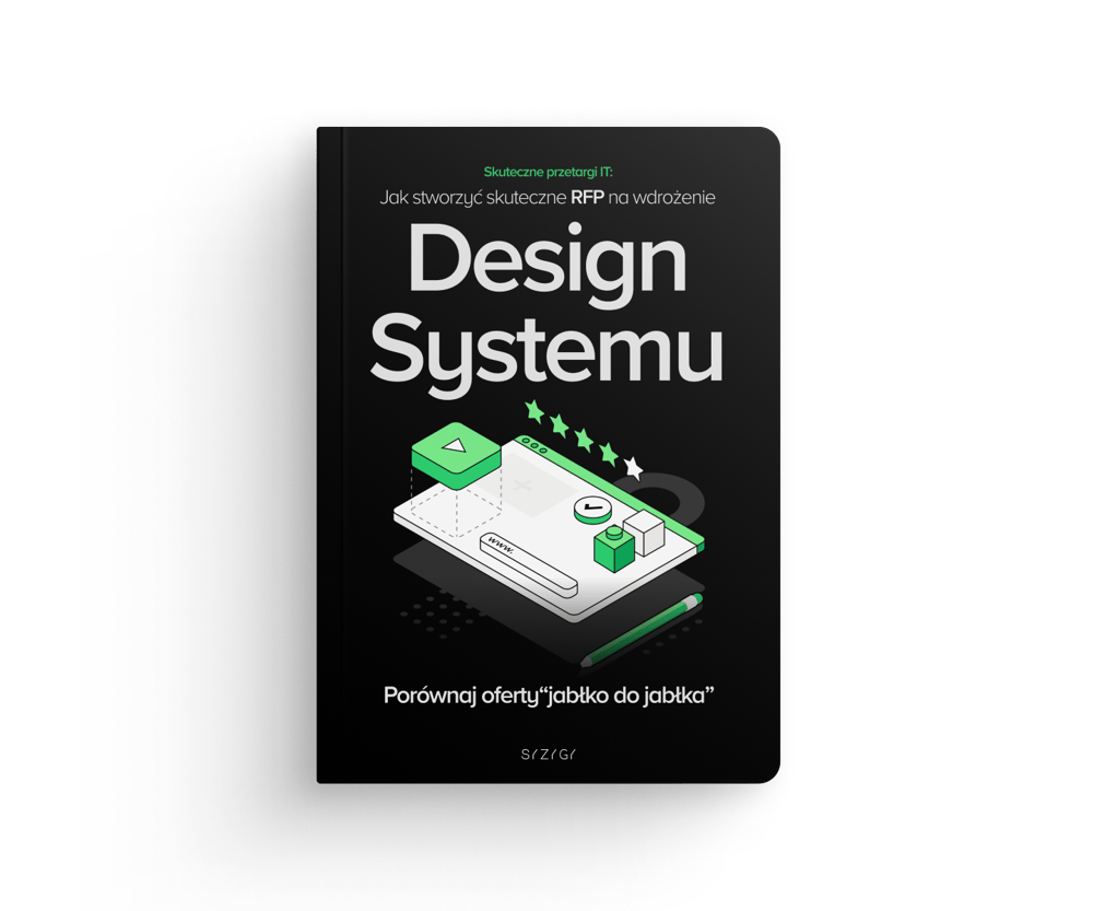 Okładka e-booka ‘RFP na wdrożenie Design Systemu’ od SYZYGY. Ilustracja laptopa i komponentów UI, podkreślająca standaryzację i efektywność zespołów projektowych. Hasło: ‘Porównaj oferty jabłko do jabłka’.