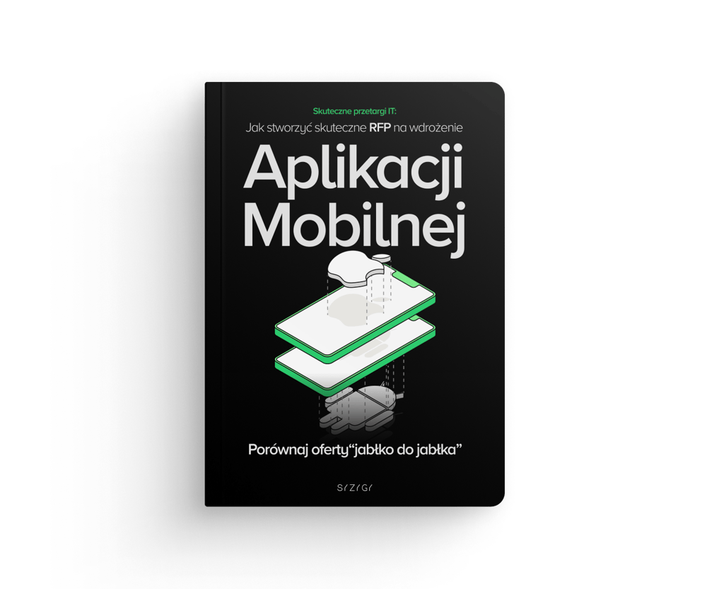 Okładka e-booka ‘RFP na Aplikację Mobilną’ od SYZYGY. Ilustracja telefonu z warstwami interfejsu, symbolizująca projektowanie i wdrożenie aplikacji. Hasło: ‘Porównaj oferty jabłko do jabłka’.