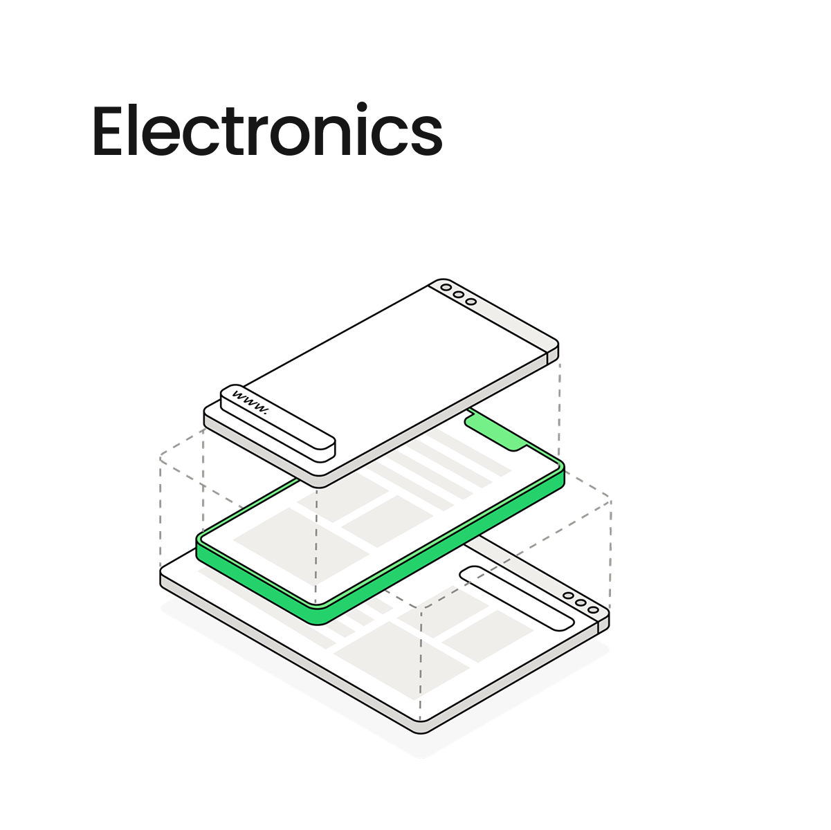 Illustration of semantic search for electronics, showing product recommendations and specifications.