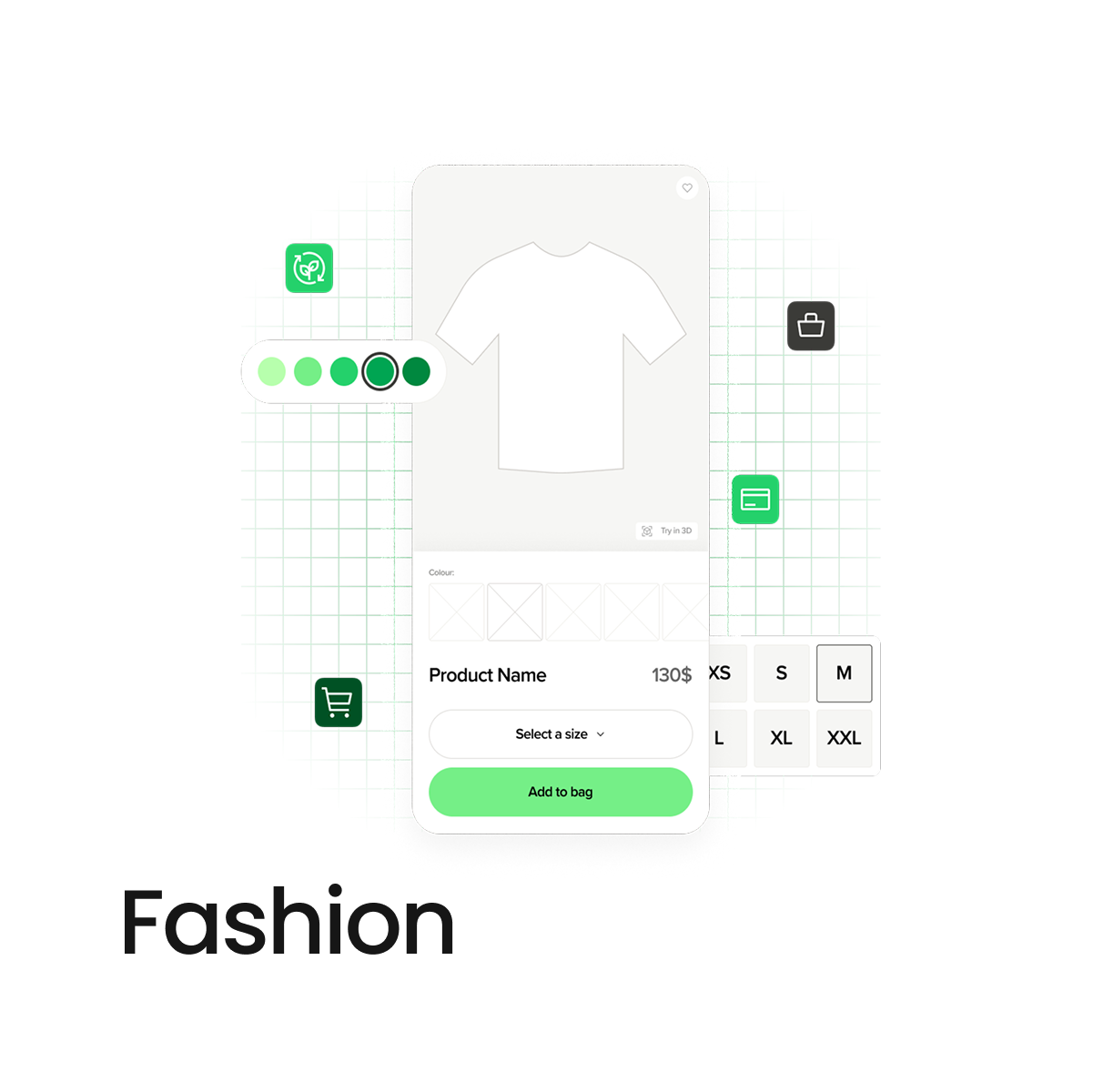 Illustration of AI-powered semantic search for the fashion industry, showing product filtering and size selection.