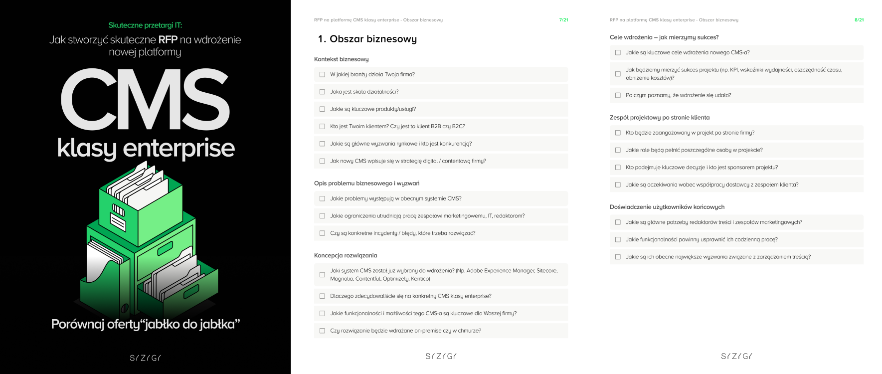 Okładka i przykładowe strony e-booka ‘RFP na CMS klasy enterprise’ od SYZYGY. Okładka zawiera ilustrację zielonej szafki z dokumentami oraz hasło ‘Porównaj oferty jabłko do jabłka’. Obok znajdują się przykładowe pytania z sekcji ‘Obszar biznesowy’, pomagające precyzyjnie określić wymagania w zapytaniu ofertowym (RFP).