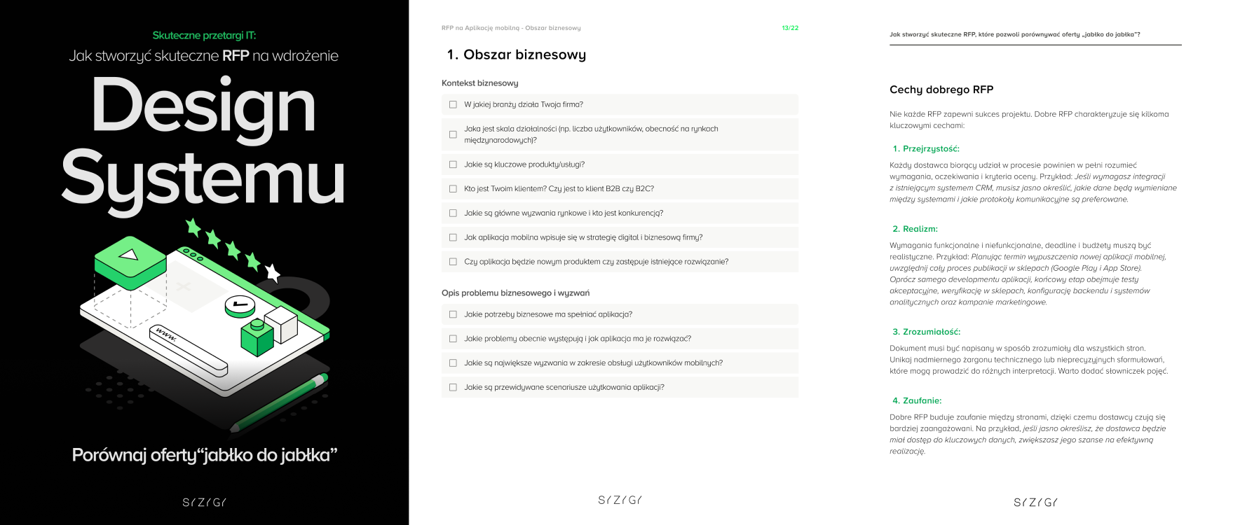Grafika promująca e-book ‘RFP na wdrożenie Design Systemu’ od SYZYGY. Widoczna okładka przewodnika z ilustracją laptopa i komponentów UI oraz hasłem ‘Porównaj oferty jabłko do jabłka’. Obok rozłożone przykładowe strony e-booka, w tym sekcja ‘Obszar biznesowy’ i ‘Cechy dobrego RFP’. 