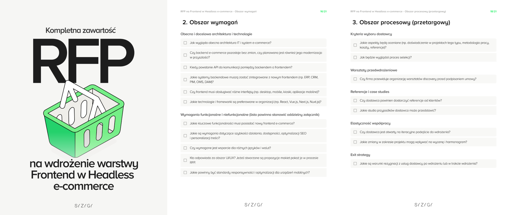 Okładka i przykładowe strony e-booka ‘RFP na wdrożenie warstwy Frontend w Headless e-commerce’ od SYZYGY. Na okładce ilustracja koszyka z dokumentami oraz napis ‘Kompletna zawartość RFP’. Obok fragmenty e-booka z sekcjami ‘Obszar wymagań’ i ‘Obszar procesowy (przetargowy)’, zawierającymi kluczowe pytania dotyczące architektury IT, technologii frontendowych, integracji z backendem oraz kryteriów wyboru dostawcy.