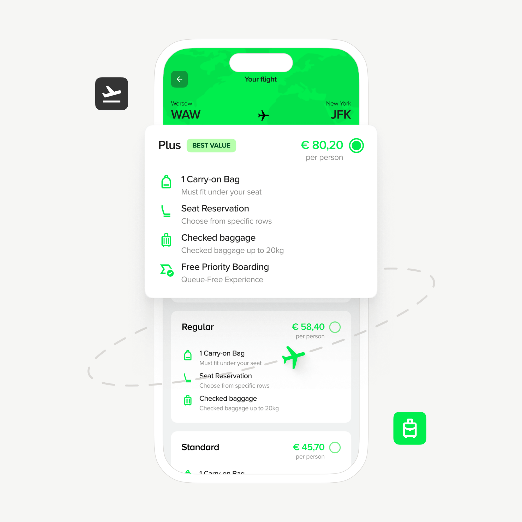 Book your flights with ease on the green phone app with two green buttons.