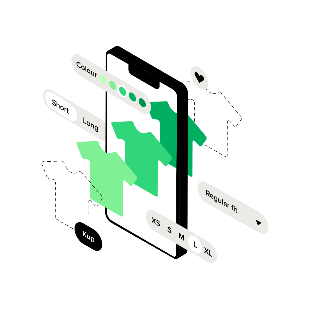 Illustration of AI-powered semantic search for the fashion industry, showing clothing filtering by color, length, fit, and size.